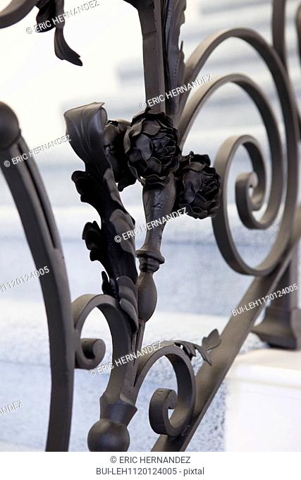 Details of wrought iron stair railing at home; Balboa Island; California; USA