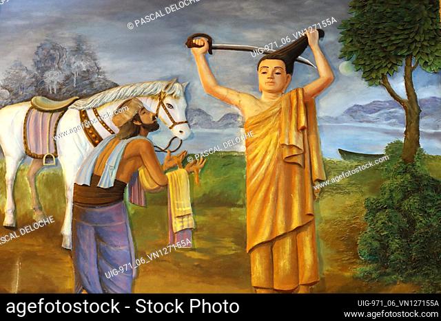 Ba Vang buddhist temple. Life of Buddha. Prince Siddhartha cut off his hair to renounce the worldly life at the bank of the Anoma River. Uong Bi