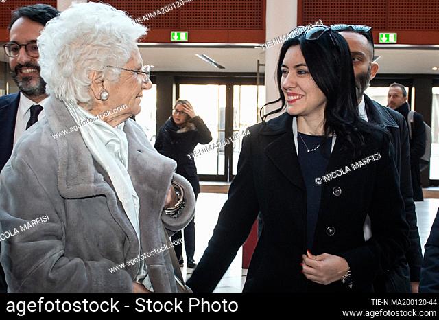 Italian Instruction Minister Lucia Azzolina (R) Holocaust survivor and Italian Senator for Life, Liliana Segre at Arcimboldi Theatre for the meeting with...