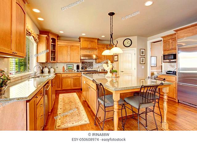 Classic American Kitchen Inerior With, What Color Looks Good With Brown Cabinets