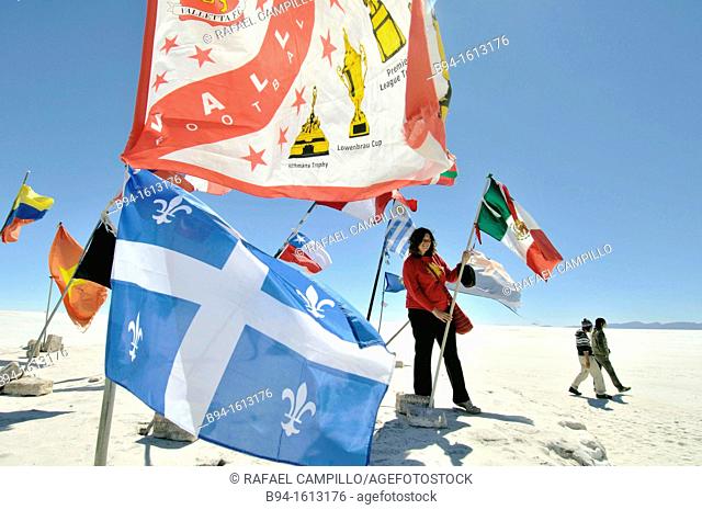 Flags. Salar de Uyuni (or Salar de Tunupa), the world's largest salt flat at 10, 582 square kilometers. It is located in the Potosí and Oruro departments in...