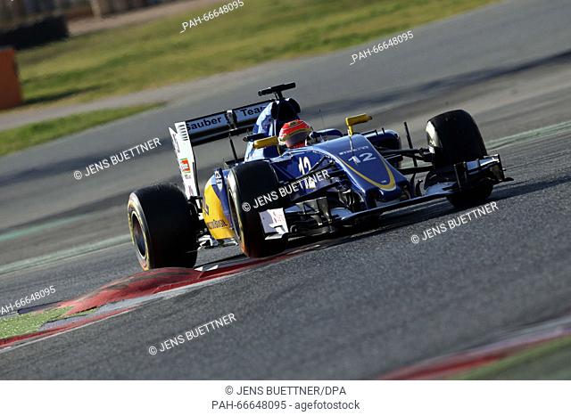 Brazilian Formula One driver Felipe Nasr of Sauber steers his car during the training session for the upcoming Formula One season at the Circuit de Barcelona -...