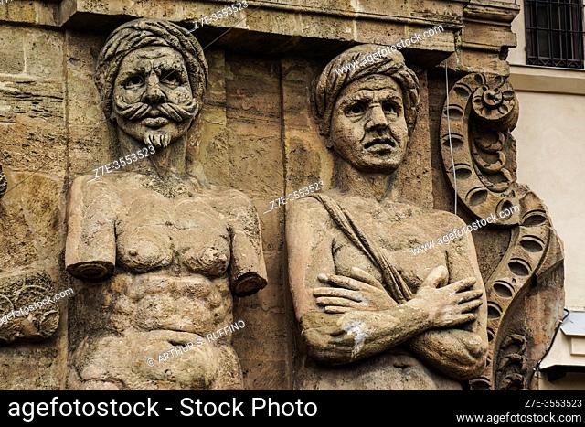 Detail of telamon sculptures representing ""Captive Moors"" on façade of the New Gate (Porta Nuova) as seen from Independence Square (Piazza Indipendenza/Via...