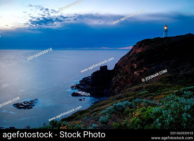 Cape Schanck Lighthouse at dusk in Mornington Peninsula, Victoria, Australia
