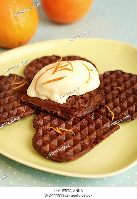 Chocolate waffles with orange ice cream
