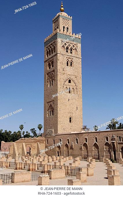 The Koutoubia minaret in the heart of the old medina next to a mosque of the same name, built in the 12th century, Marrakesh, Morocco, North Africa, Africa