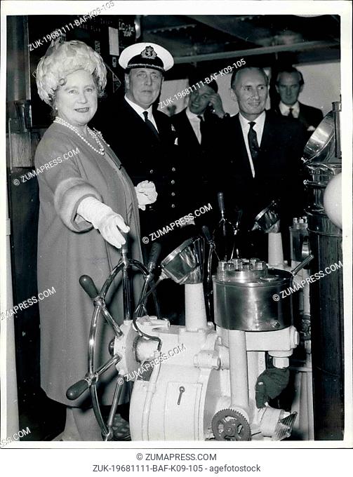 Nov. 11, 1968 - Farewell visit to ship she named.: Southampton: Queen Elizabeth, The Queen Mother, at the wheel of the Cunard Liner Queen Elizabeth which she...