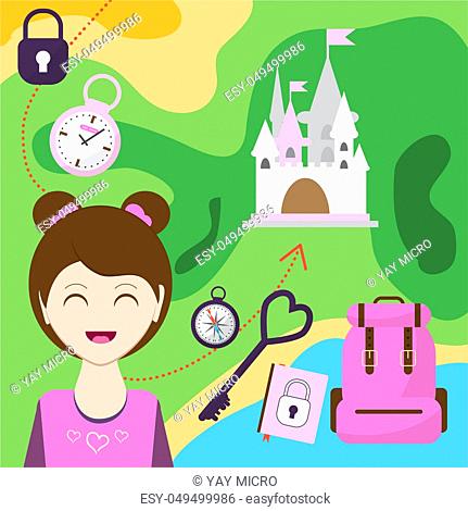 map with a girl, backpack and other items. Map of passage to the castle. Child Game. Help the girl get here before the place. illustration