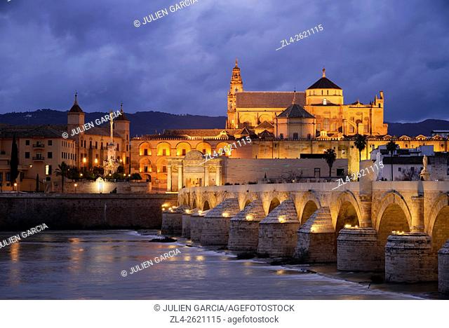 Spain, Andalusia (Andalucia), Cordoba, historic centre listed as World Heritage by UNESCO, the Roman bridge over Guadalquivir river and the Mosque Cathedral...