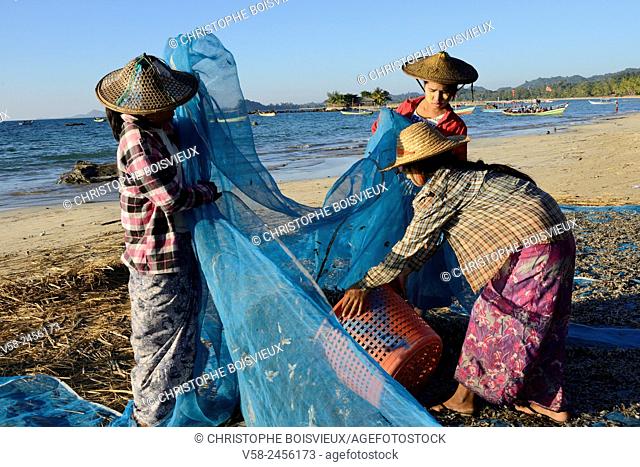 Myanmar, Rakhine State, Ngapali beach, Gyeik Taw village, Fisherwomen loading baskets of dried fish