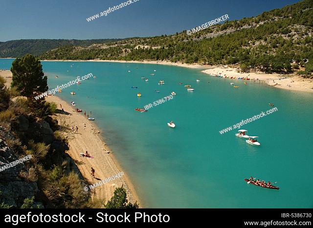 Boats at sea, at the end of gorge of the Grand Canyon du Verdon, Provence, South of France, Lac de Ste-Croix