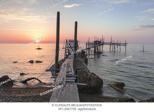 View of Costa dei Trabocchi, Trabocco is an old fishing machine typical of the coast of Abruzzo District, Adriatic Sea, Italy