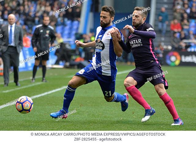 Bruno Gama and Jordi Alba. La Liga Santander Matchday 27. Riazor Stadium, La Coruna, Spain. March 12, 2017