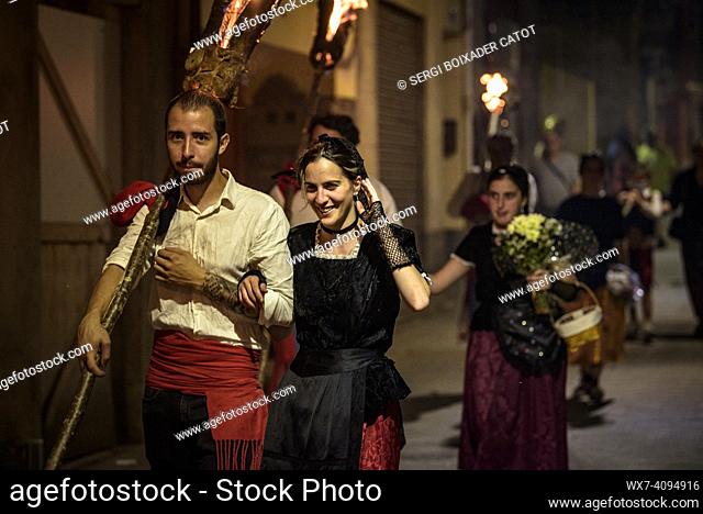 Festival of the torchlight descent at La Pobla de Segur in honor of the Virgin of Ribera, intangible heritage of UNESCO in the Pyrenees (Pallars JussÃ , Lleida