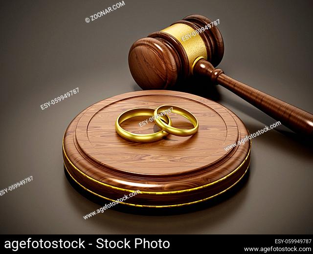 Wedding rings and gavel on dark background. 3D illustration
