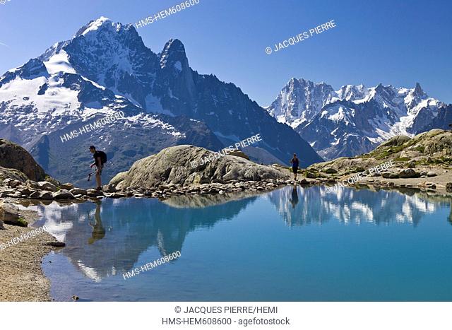 France, Haute Savoie, Chamonix Mont Blanc, lac Blanc 2352m in the Reserve Naturelle Nationale des Aiguilles Rouges Aiguilles Rouges National Nature Reserve with...