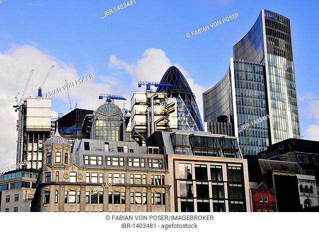 Modern skyline, The Gherkin or Swiss-Re Tower, London, England, United Kingdom, Europe