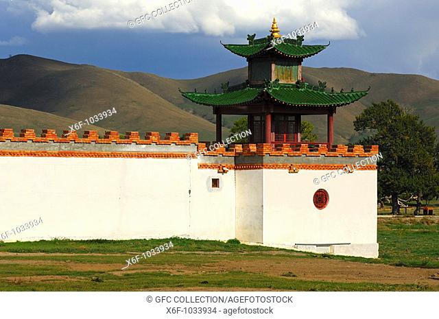 White wall with watchtower in the style of a buddhist temple in the vast Mongolian steppe, Mongolia Hotel, Ulaanbaatar, Mongolia