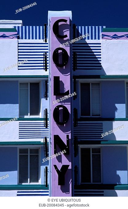 South Beach. Ocean Drive. The Colony Hotel. Detail of Art Deco exterior