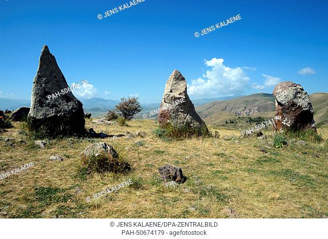 Megaliths are seen at the prehistoric archaeological site Zorats Karer near Sisian, Armenia, 27 June 2014. The site served as a necropolis from the Middle...