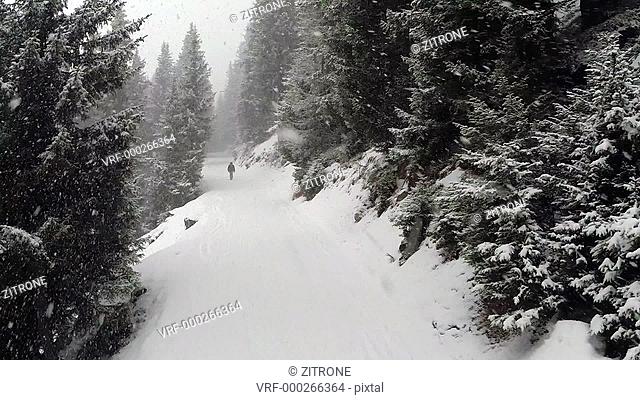 Rear view of person walking in snow, Verbier, Valais, Switzerland