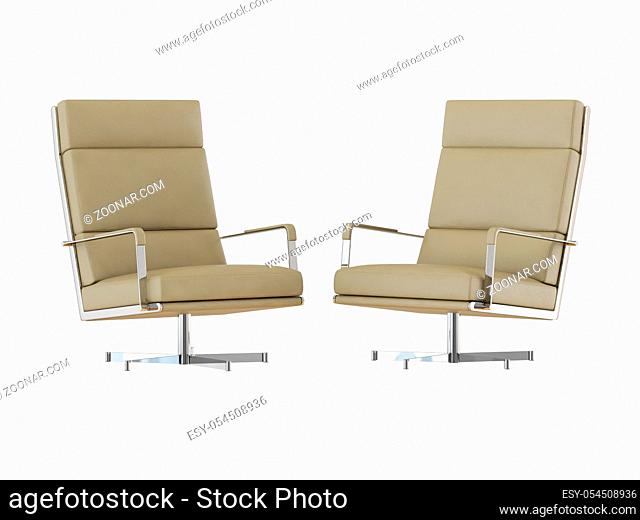 Two office leather chair beige with high backrest on a white background 3d rendering