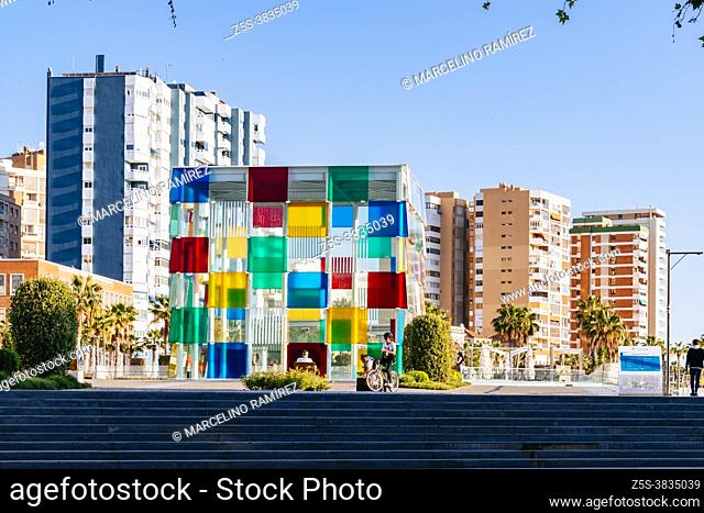 Huge glass cube in Muelle Uno of the Centre Pompidou. Málaga, Andalucia, Spain, Europe