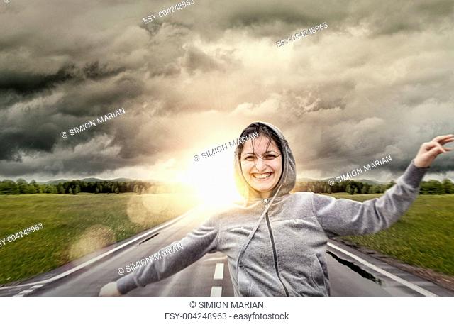 Happy girl jogging