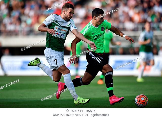 Filip Novak from Jablonec, left, and Anwar El Ghazi from Ajax in action during the fourth qualifying round of the UEFA Europa League match FK Jablonec vs Ajax...