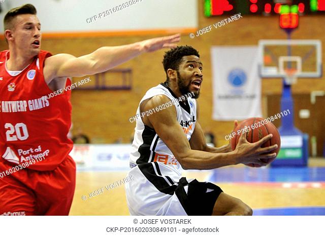Men's basketball FIBA Cup final round group P match, Nymburk vs Antwerp, in Nymburk, Czech Republic, February 3, 2016. From left Philippe Peeters of Antwerp and...