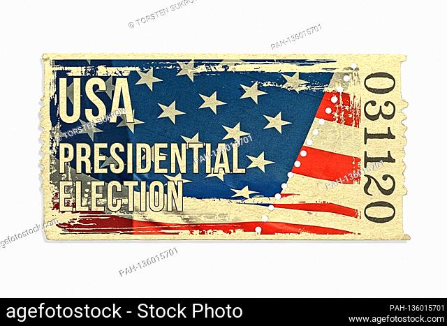 Symbolic admission ticket with a waving US national flag to the 59th presidential election in the United States on November 3, 2020
