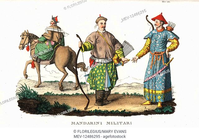 Chinese mandarins in military uniform with scimitar and bow, arrow, quiver. Handcoloured copperplate engraving by Andrea Bernieri from Giulio Ferrario's Ancient...