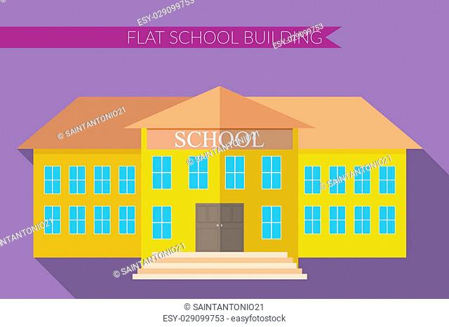 Flat design modern illustration of school building icon set, with long shadow on color background