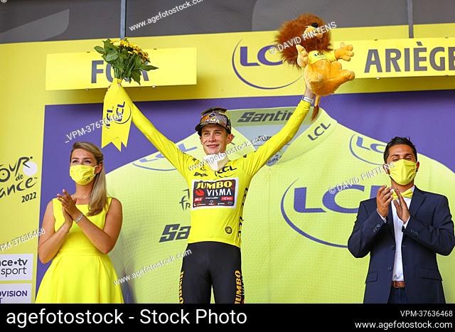 Danish Jonas Vingegaard of Jumbo-Visma celebrates on the podium after stage sixteen of the Tour de France cycling race, from Carcassonne to Foix (179km), France