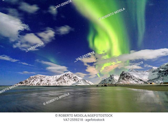 Northern Lights on Skagsanden sky. Lofoten Islands Northern Norway Europe