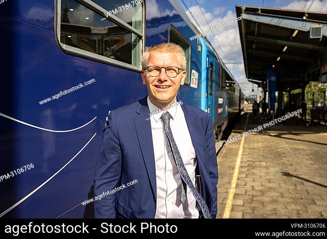 Vice-prime minister and Mobility Minister Georges Gilkinet poses for the photographer during the 'Connecting Europe Express' train arrives at the Train World...