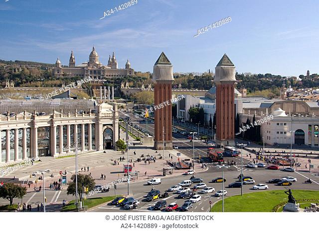 Spain, Catalonia, Barcelona, Plaça d'Espanya, Montjuich Palace, National Museum, Venetian Towers