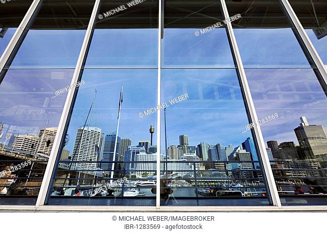 Australian National Maritime Museum, Darling Harbour, reflecting Sydney Tower or Centrepoint Tower and the skyline of the Central Business District, Sydney