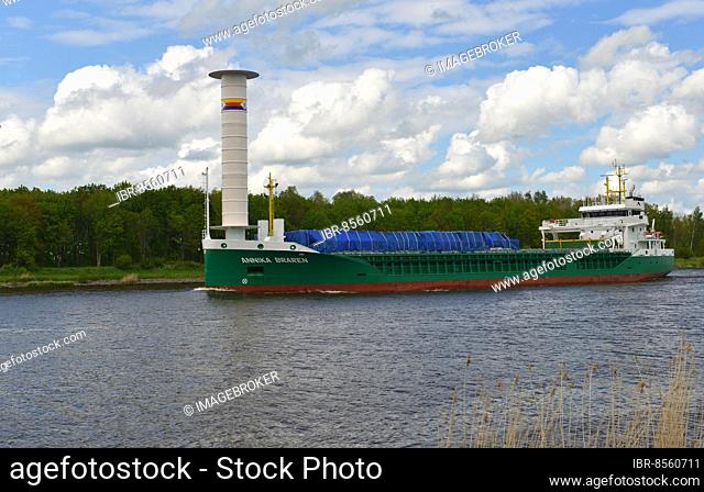 Cargo ship Annika Braren with Flettner Rotor on the Kiel Canal, Schleswig-Holstein, Germany, Europe