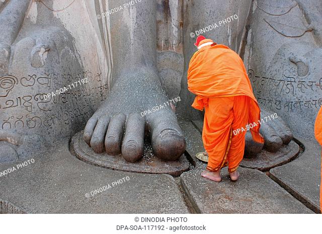 Jain devotee bow down at foot of  58.8 feet monolithic statue of jain saint Gomateshwara lord Bahubali in mahamastakabhisheka head anointing ceremony ;...