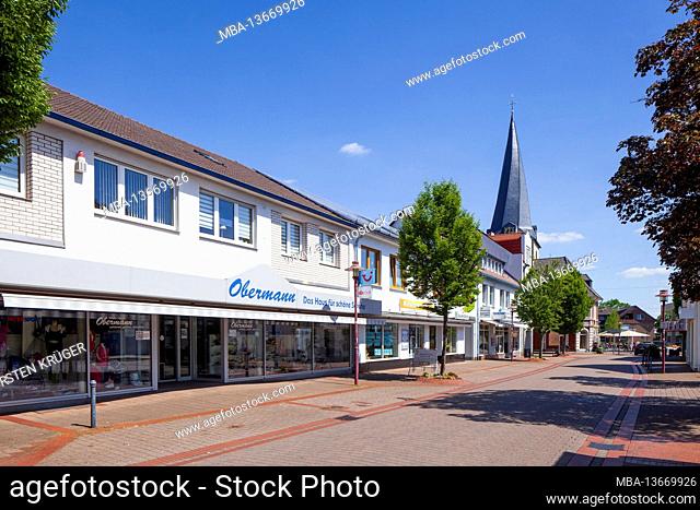 Shops and St. Johanniskirche, Rahden, East Westphalia-Lippe, North Rhine-Westphalia, Germany, Europe