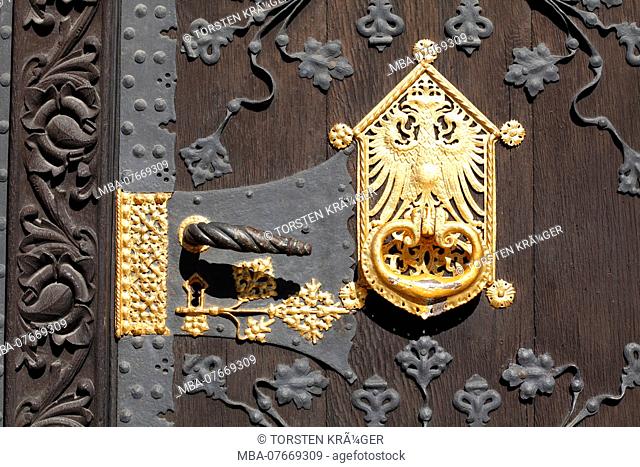 Golden Door Knocker and Golden Door Handle at town hall RÃ¶mer, Frankfurt am Main, Hesse, Germany, Europe