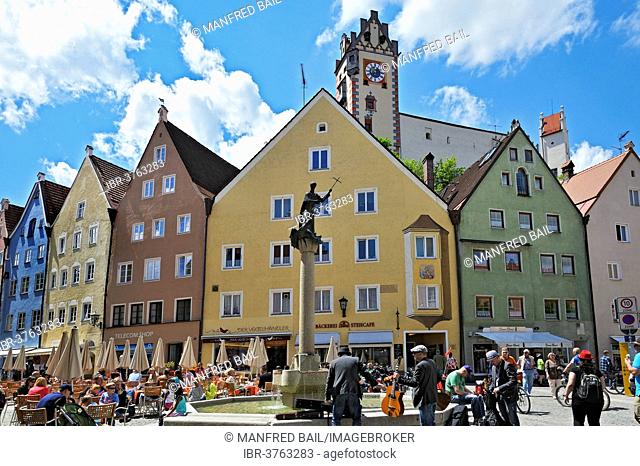 City fountain with the statue of Saint Magnus of Fuessen, Fuessen, Ostallgaeu, Allgaeu, Schwabia, Bavaria, Germany
