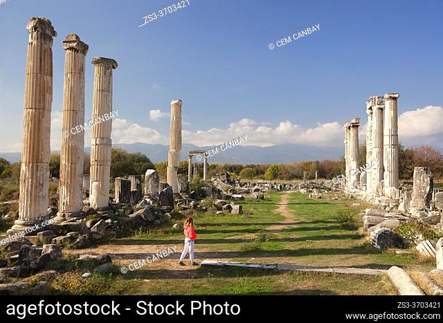 Visitor near the Temple Of Aphrodite, Aphrodisias, Geyre, Aydin Province, Asia Minor, Turkey, Europe