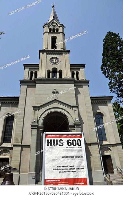 Poster commemorating the 600th anniversary of the burning of John Huss in front of the Lutheran church in Constance (Konstanz), Germany, July 3, 2015