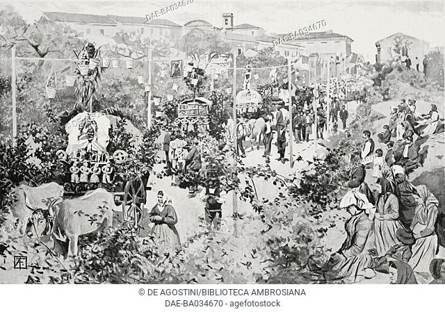 Wagon festival in Casacanditella, Abruzzo, Italy, life drawing by Arnaldo Ferraguti (1862-1925), from L'Illustrazione Italiana, Year XXVI, No 14, April 2, 1899