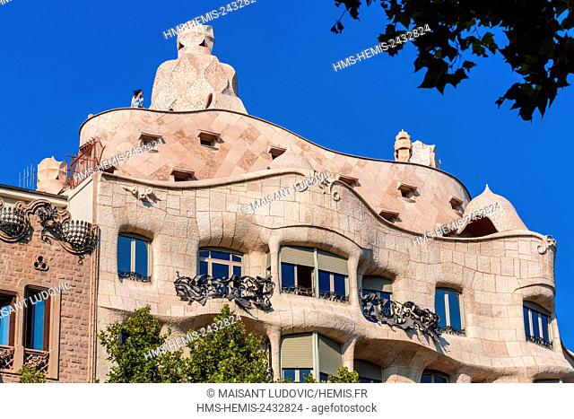 Spain, Catalonia, Barcelona, Eixample, Passeig de Gracia, Casa Mila, known Pedrera building designed by the Catalan architect Antoni Gaudi and listed as World...