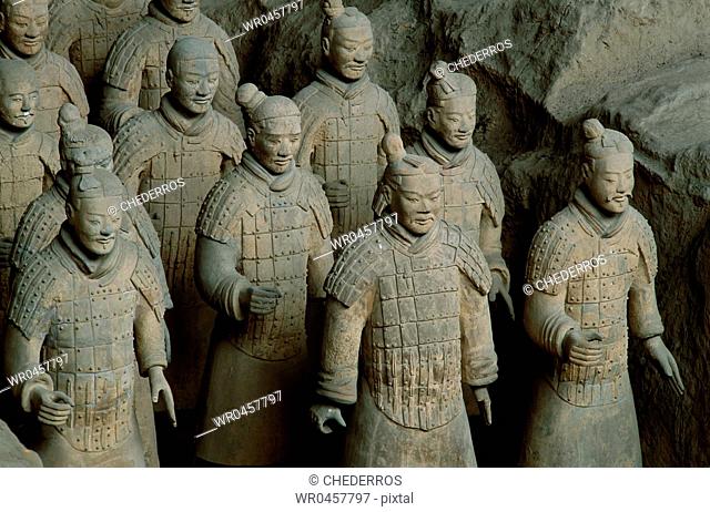 High angle view of statues of terracotta soldiers, Shaanxi Province, Xian, China