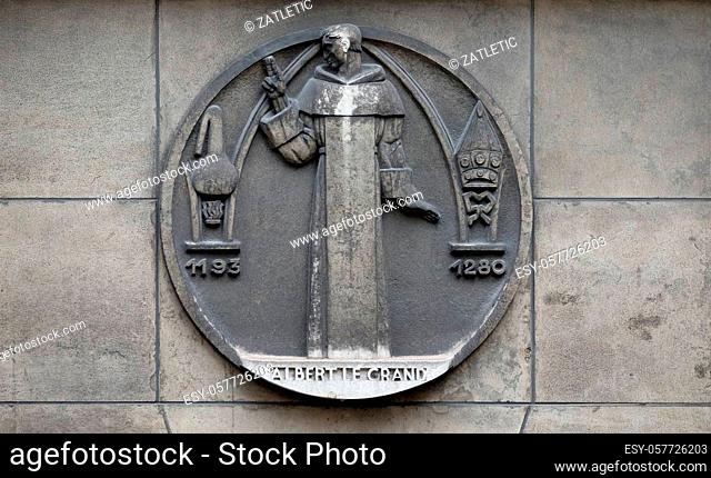 Albertus Magnus, also known as Saint Albert the Great, was a German Catholic Dominican friar and bishop. Stone relief at the building of the Faculte de Medicine...