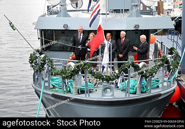 29 August 2023, Mecklenburg-Western Pomerania, Rostock: A new workboat for the German Armed Forces is christened ""Schleswig"" at the Tamsen Maritim shipyard